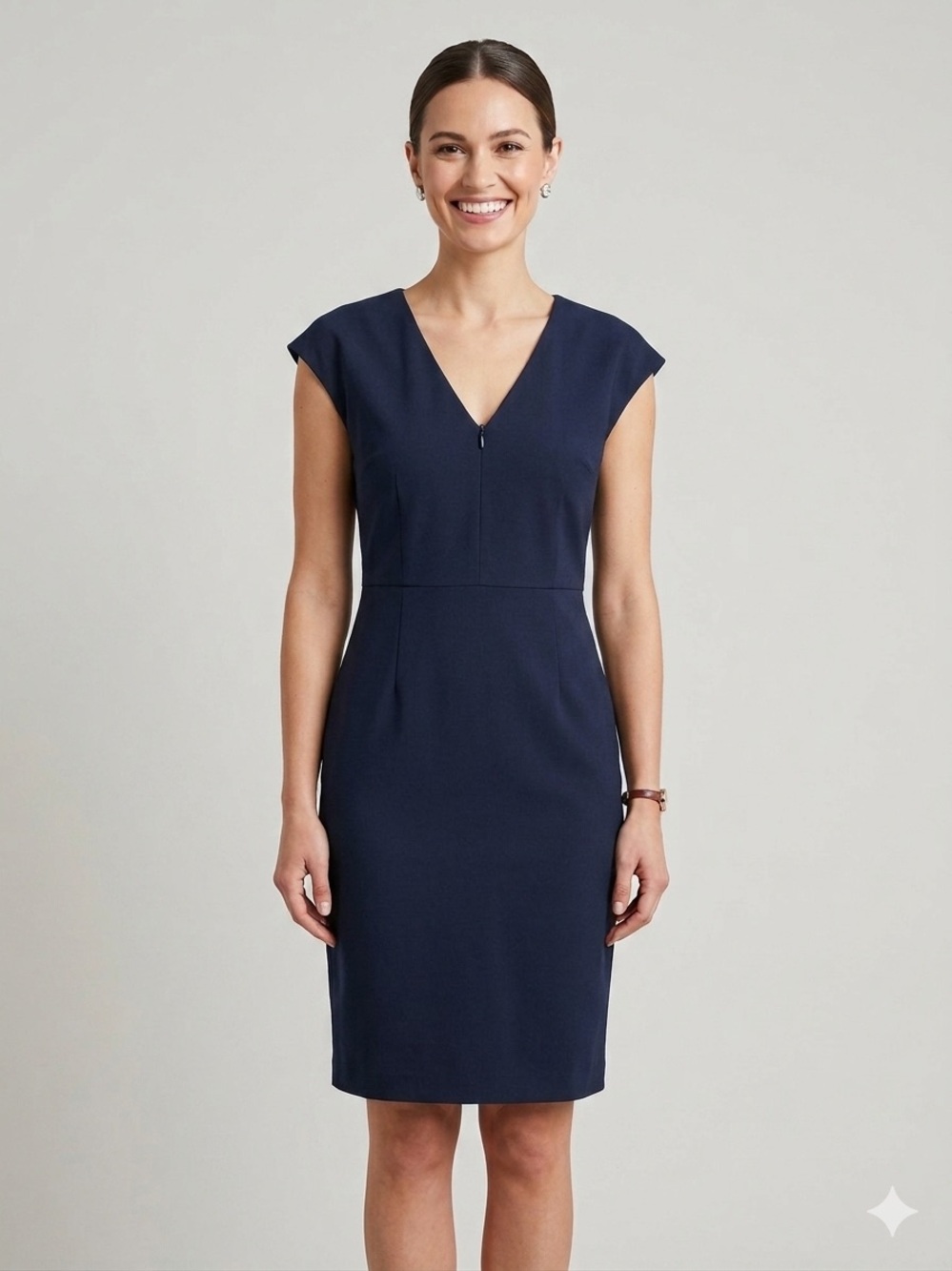 Pure Navy - Navy Sheath Dress with V-Neck. Size 10